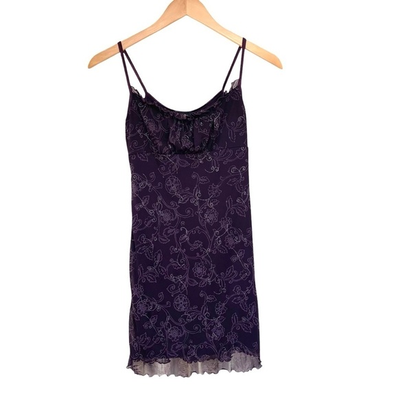 Vintage Y2K Purple Fairy Core Floral Garden Mini Slip Dress Lettuce Trim M - Picture 2 of 11